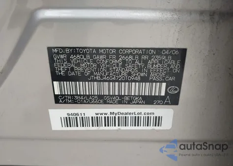 2007 Lexus Es 350 from USA, damaged, VIN JTHBJ46G472010948